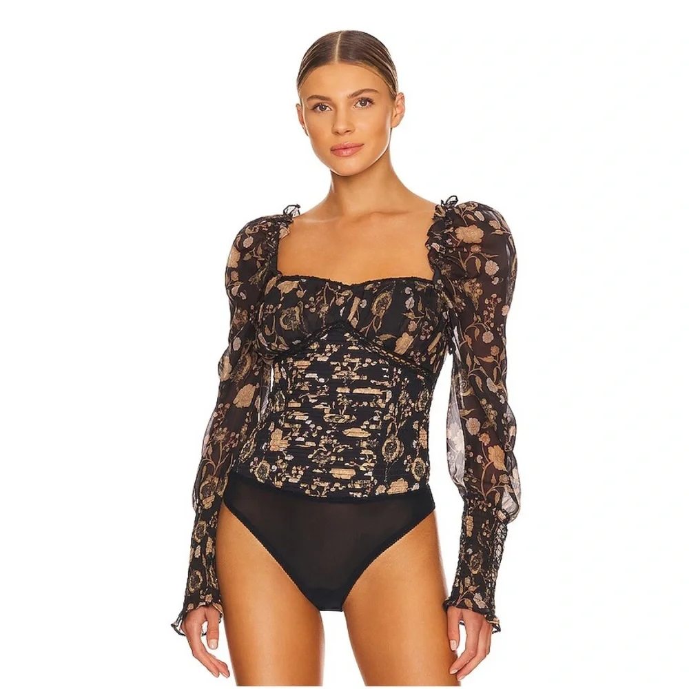 NWOT💕Free People Brunch Date Bodysuit in Black Combo Size XS